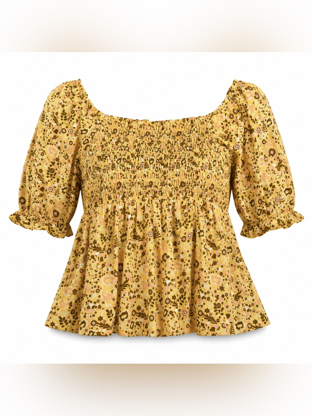 MELLODAY Mustard Floral Smocked Peplum Top